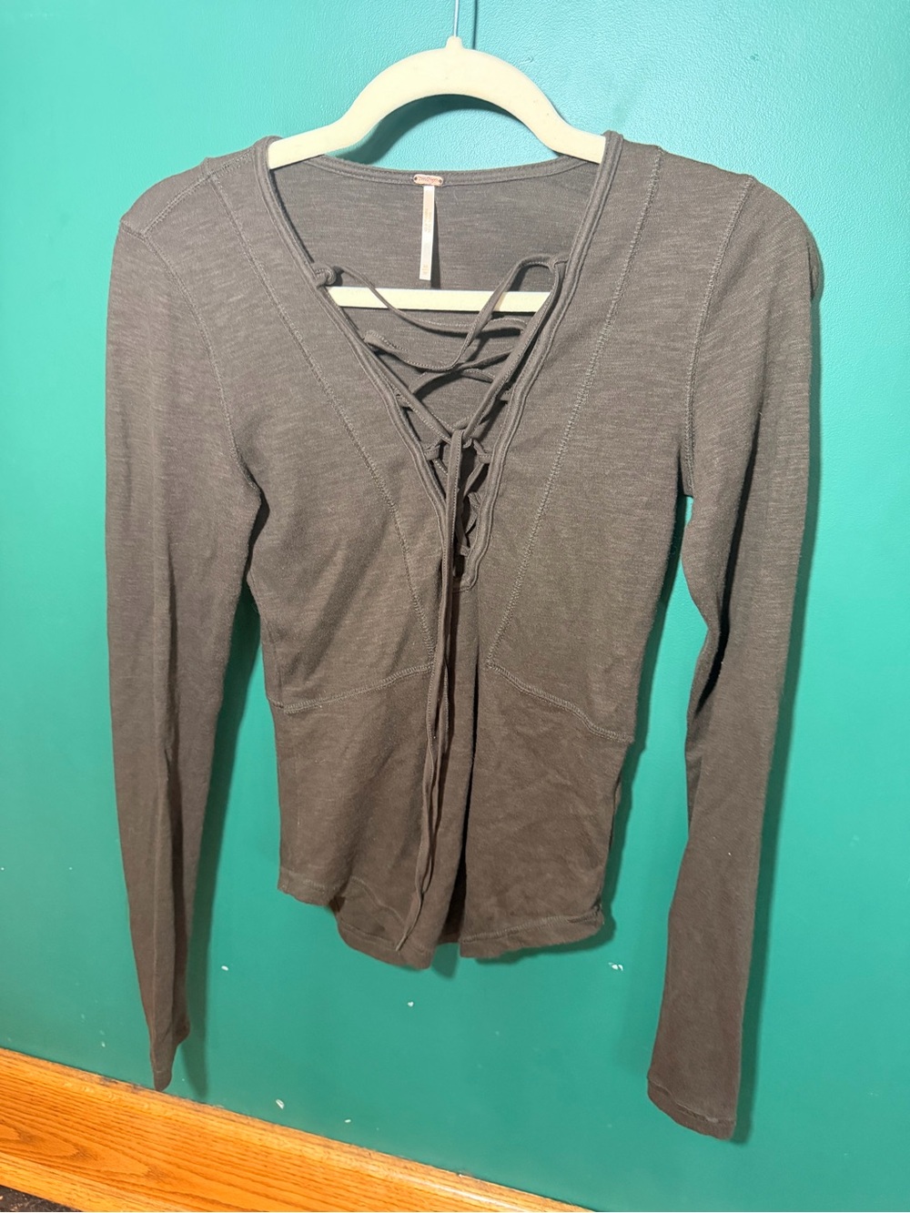 Free People Lace-Up V-Neck Long Sleeve Top - Gray